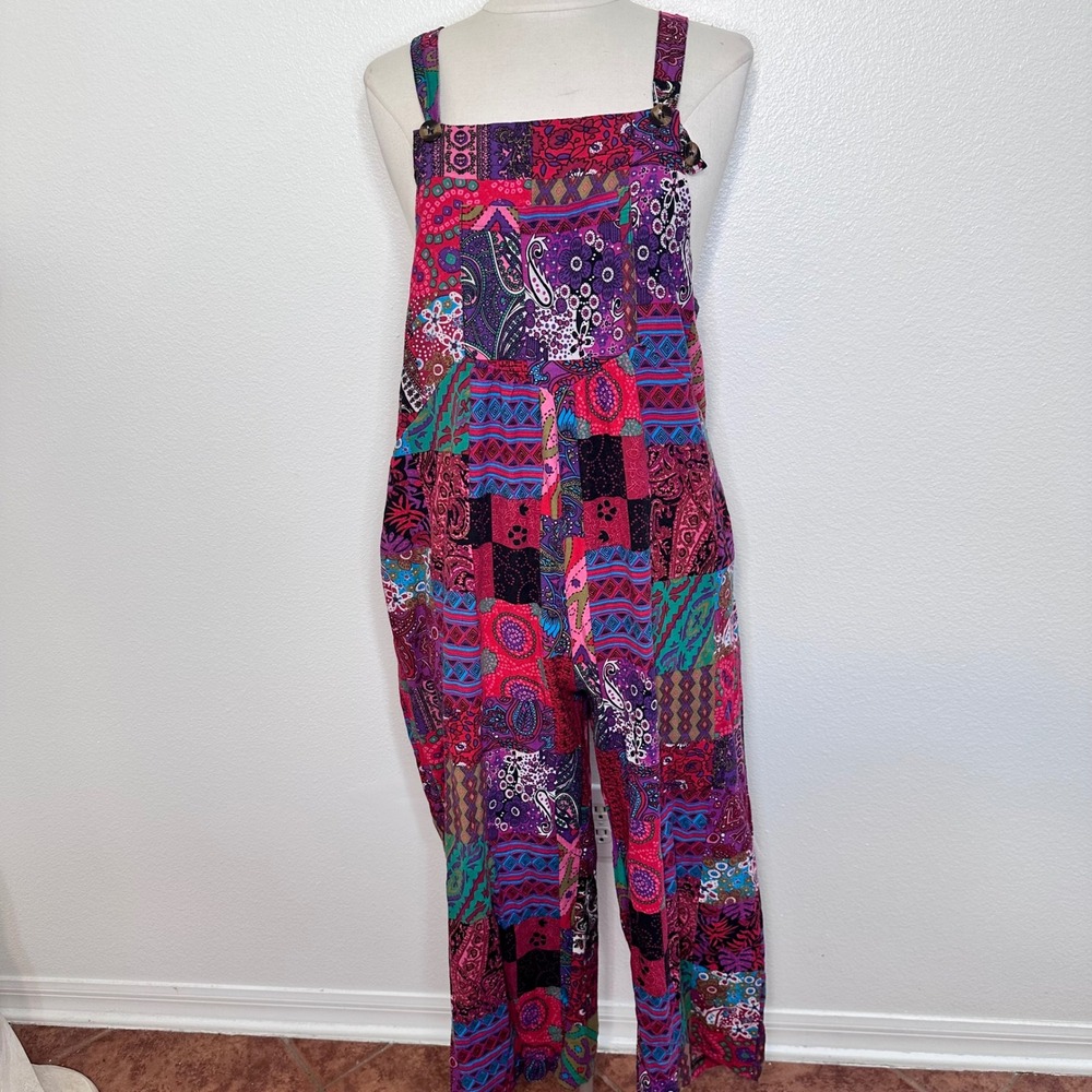 Prairie Boho Hippie Patchwork Printed Bib Overalls Jumpsuit Women XL Multicolor